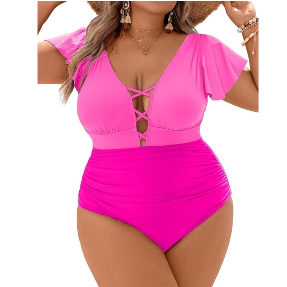 Blooming Jelly Other - Blooming Jelly One Piece Women XXL Pink Lace Up Flutter Sleeve Retro 423 NWT